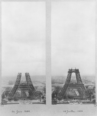 Two Views of the Construction of the Eiffel Tower, Paris, 14th June and 10th July 1888 by French Photographer